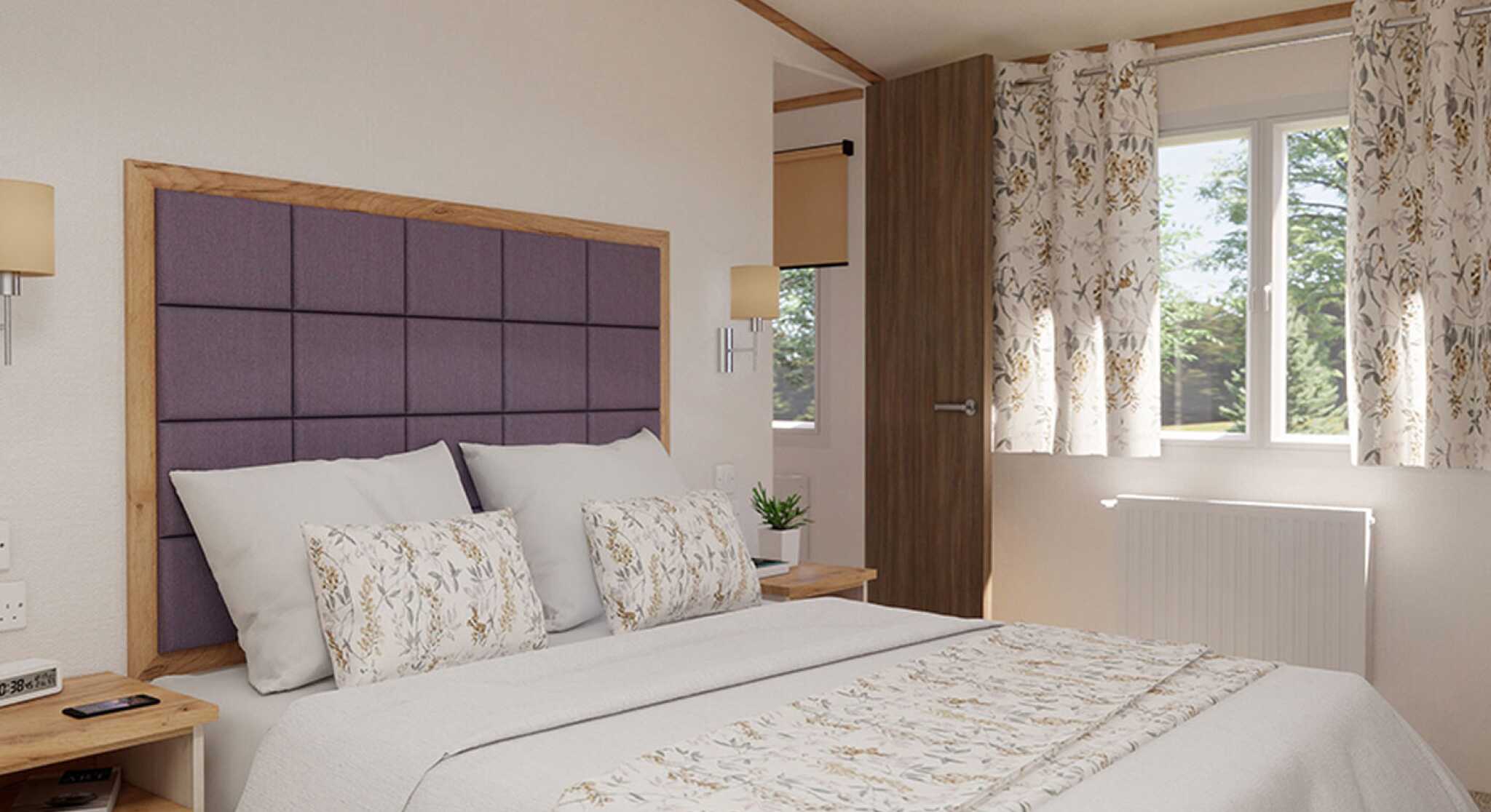 A stylish bedroom featuring a double bed, two bedside tables and a window, creating a warm and inviting atmosphere.