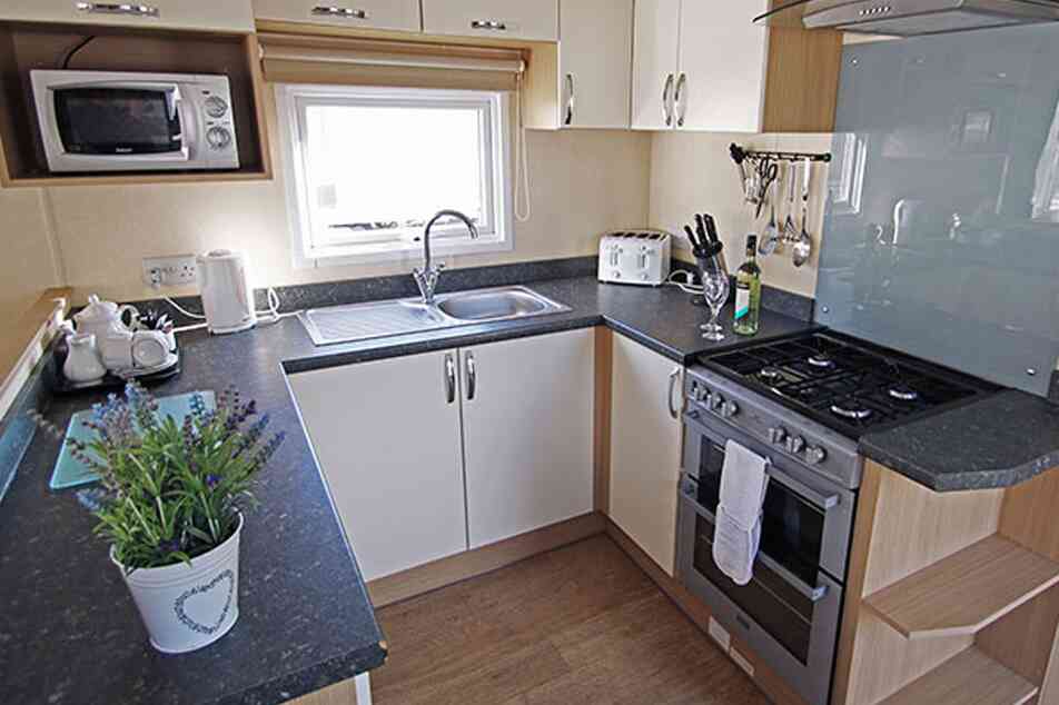 A modern kitchen featuring white cabinets, a dark countertop, and stainless steel appliances. A sink is situated beside a window, with a microwave and toaster on the counter. A potted plant decorates the space near the stove.