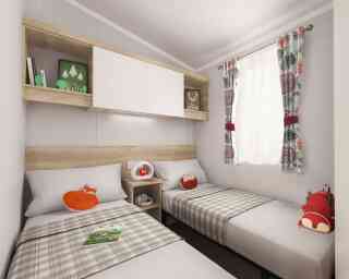 Warm twin bedroom with neutral walls, plaid-covered single beds, fox plushies, wooden shelves, and a sunny window with floral curtains.