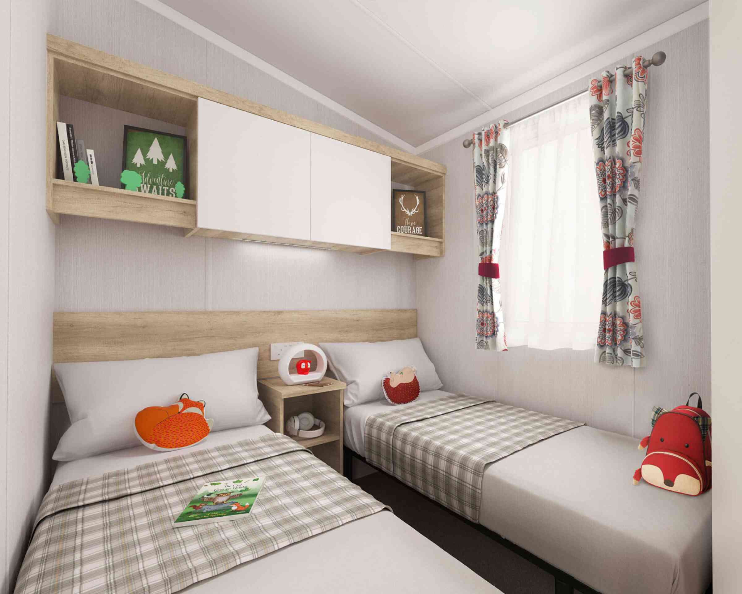 Warm twin bedroom with neutral walls, plaid-covered single beds, fox plushies, wooden shelves, and a sunny window with floral curtains.