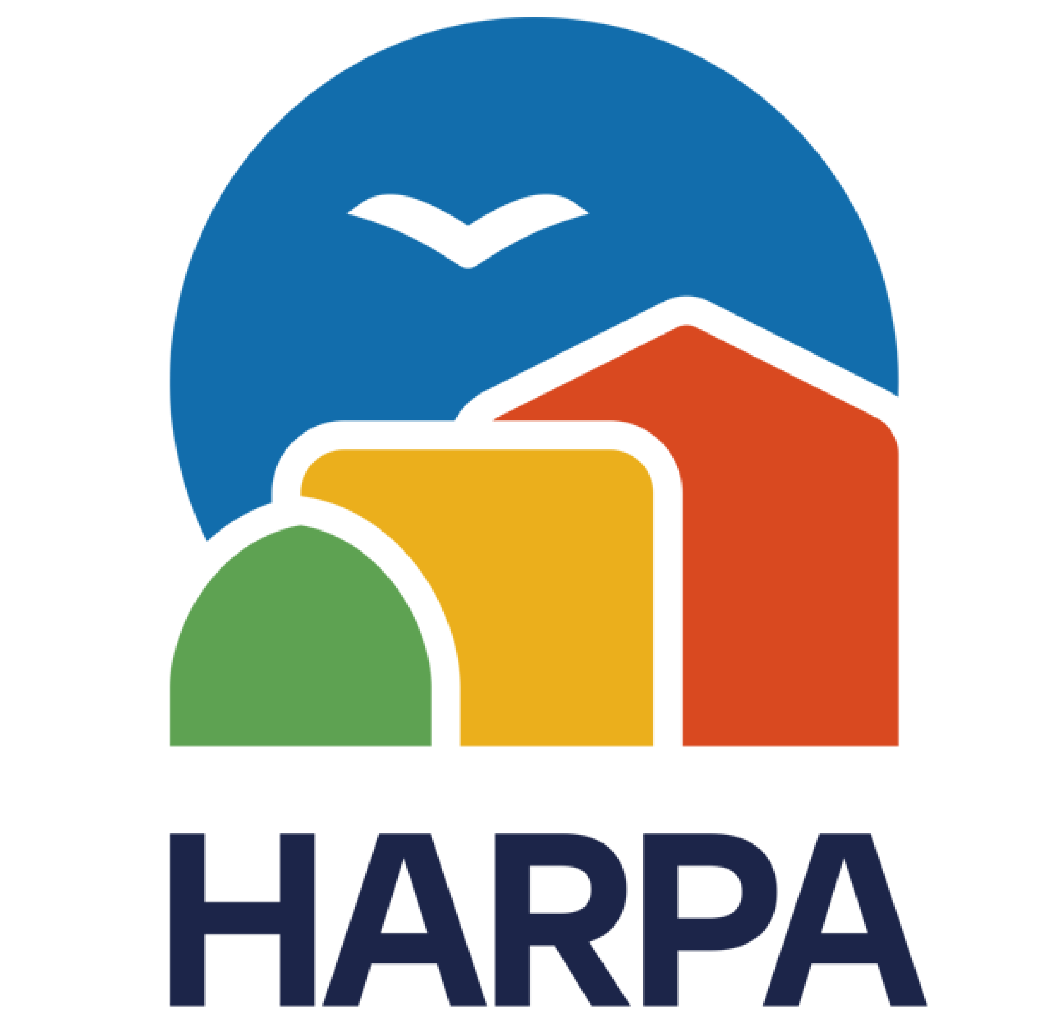A colourful logo featuring stylized houses in green, yellow, red, and blue, with a dark blue base.