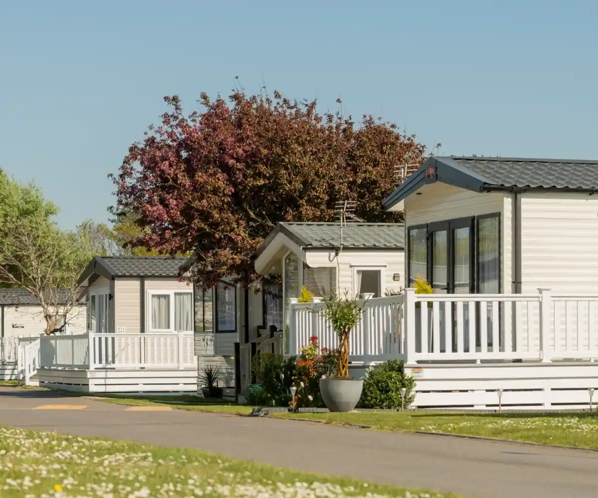 A modern wooden cabin is situated on a grassy hillside, surrounded by tall trees. The cabin features a spacious deck and large windows, offering a serene outdoor view.