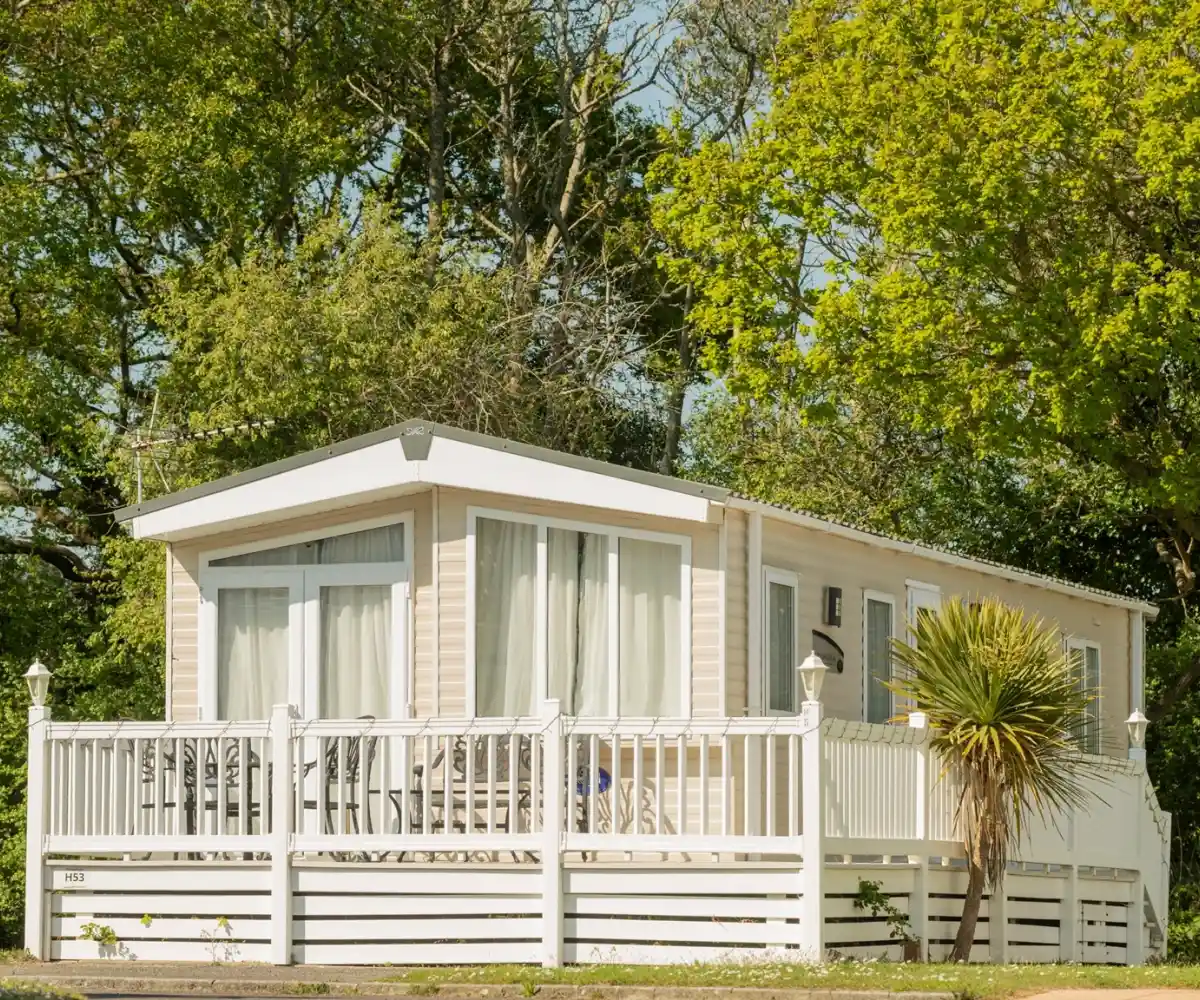 A modern wooden cabin is situated on a grassy hillside, surrounded by tall trees. The cabin features a spacious deck and large windows, offering a serene outdoor view.