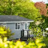A small, modern grey lodge with a porch surrounded by lush green trees and foliage. The sun is shining, creating a bright and inviting atmosphere.