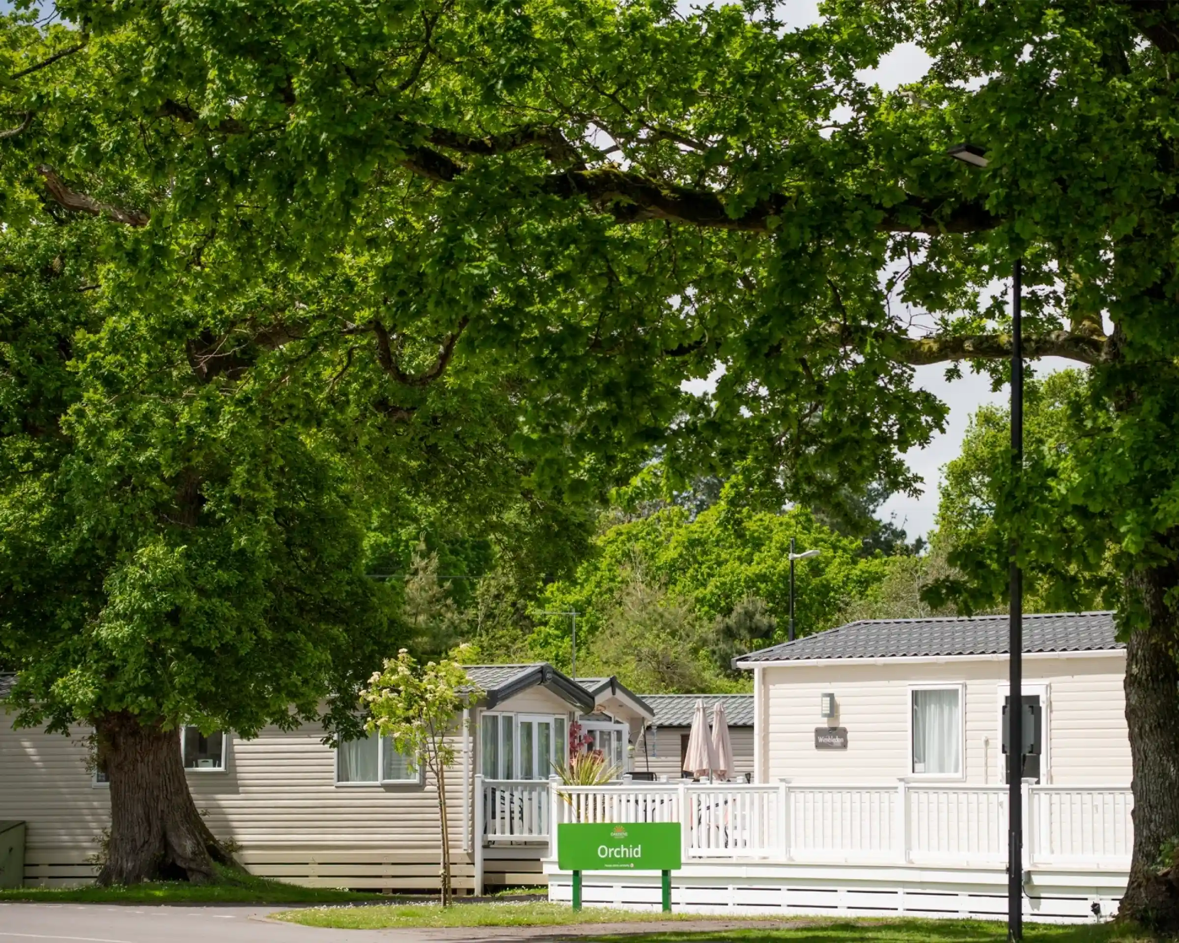 A tidy holiday park featuring two modern mobile homes under lush green trees. A signpost reading "Orchid" is positioned in front of the homes. Bright daylight enhances the vibrant colors of the scene.