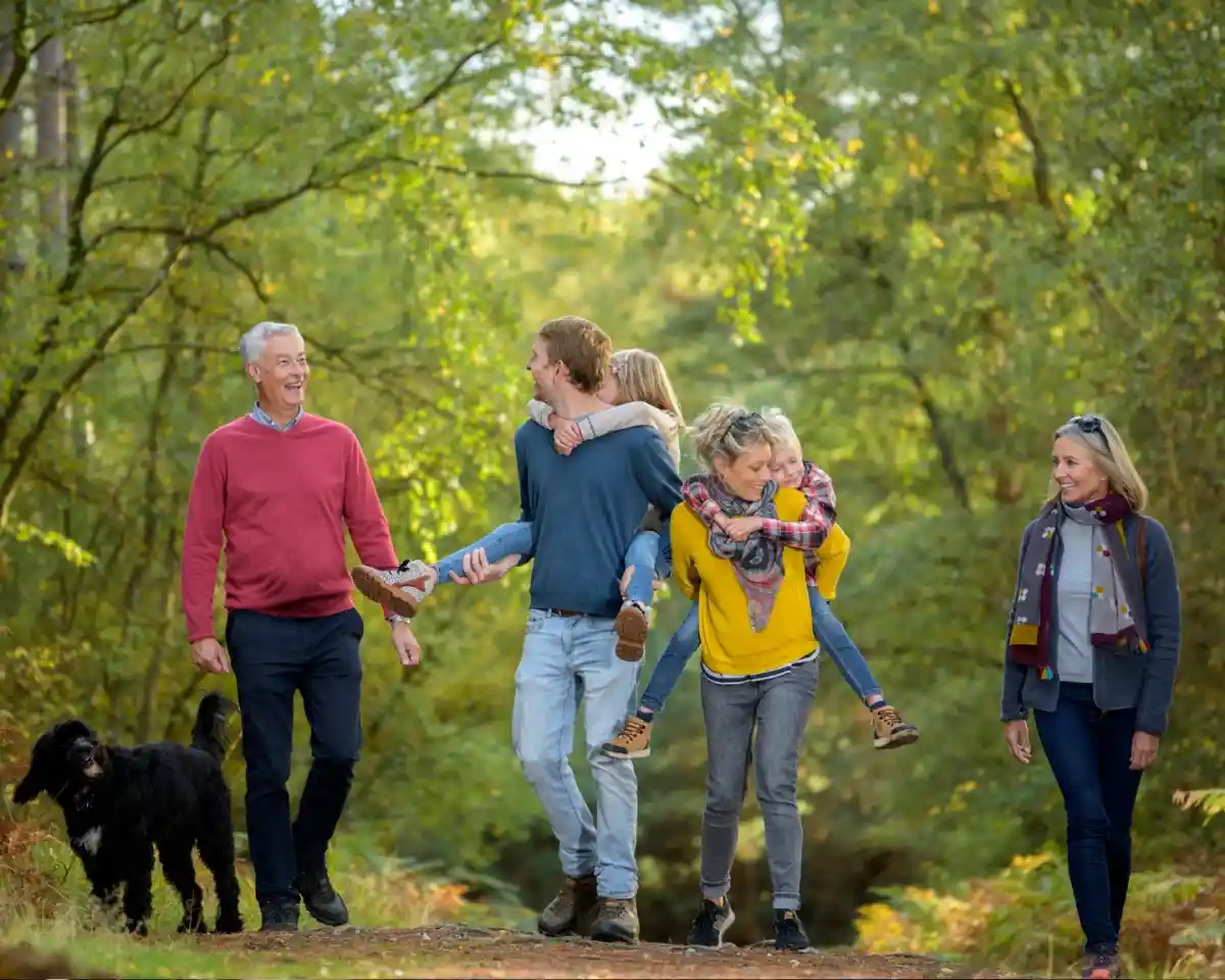 A cheerful family walks together on a forest path, with two adults carrying children on their backs. A black dog accompanies them. The scene is surrounded by lush green trees, creating a warm, autumnal atmosphere.