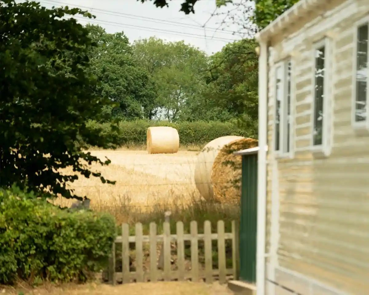 A rural scene featuring rolled hay bales in a golden field, framed by greenery and a nearby caravan.