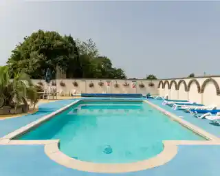 A clear swimming pool surrounded by blue and white lounge chairs. Decorative planters with flowers line the wall in the background, and a tall tree is visible to the side. The pool area is bright and sunny, with no people present.