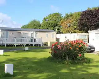 A serene outdoor scene featuring several mobile homes surrounded by lush green grass and a vibrant flower bed with colorful blooms. Trees with autumn foliage are visible in the background against a clear blue sky.