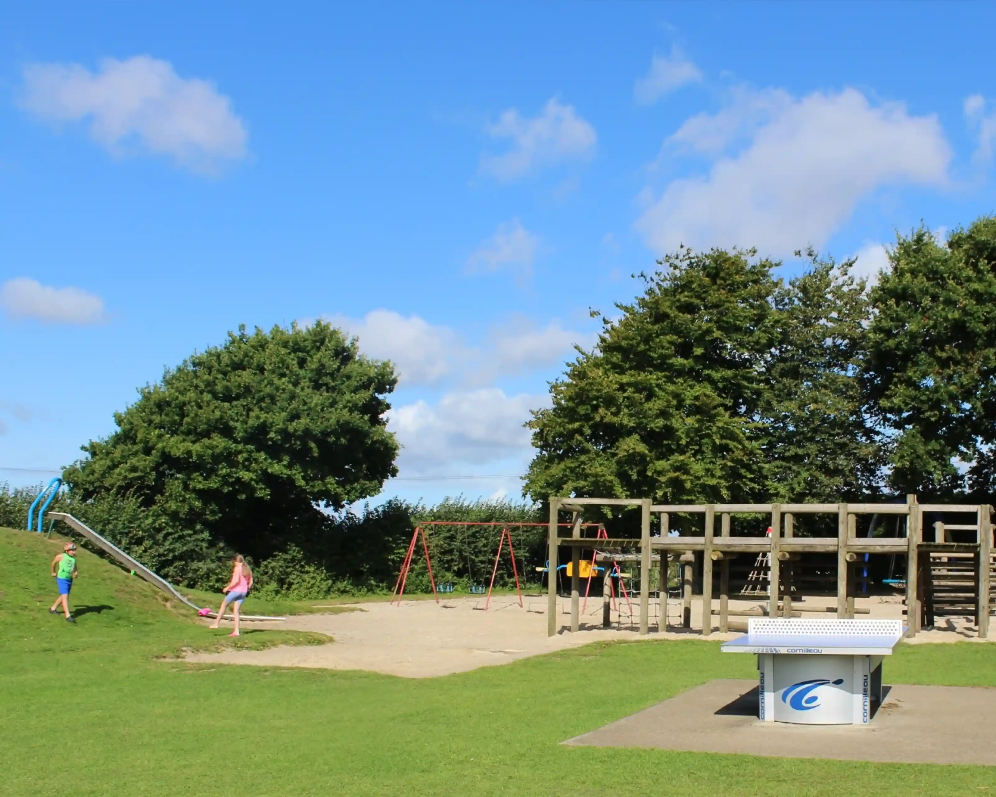 A sunny playground scene featuring children playing on a slide and swings, with climbing equipment nearby. Lush green grass and trees frame the area under a blue sky with fluffy clouds.