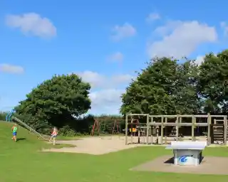 A sunny playground scene featuring children playing on a slide and swings, with climbing equipment nearby. Lush green grass and trees frame the area under a blue sky with fluffy clouds.
