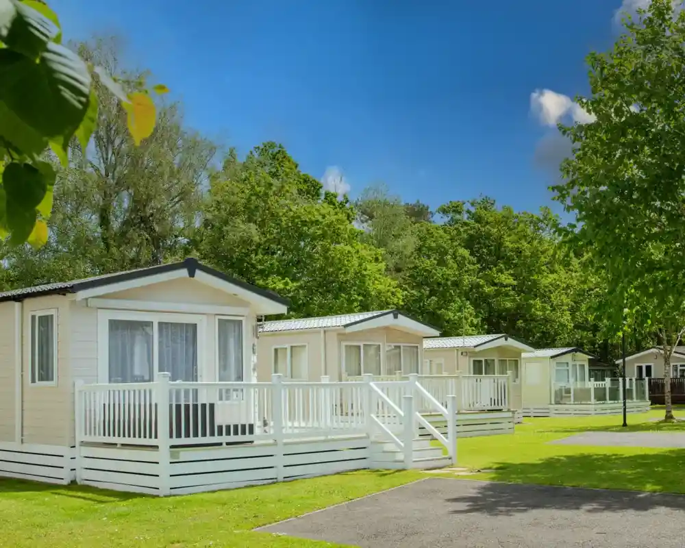 Three holiday cabins with white railings are set in a green park area. Lush trees and a bright blue sky with scattered clouds create a serene atmosphere.