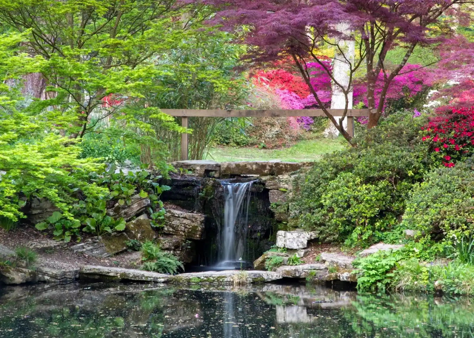 A serene garden scene with vibrant red and orange foliage surrounding a small stream. The water reflects the colorful leaves, while sunlight filters through the trees, creating a peaceful atmosphere.