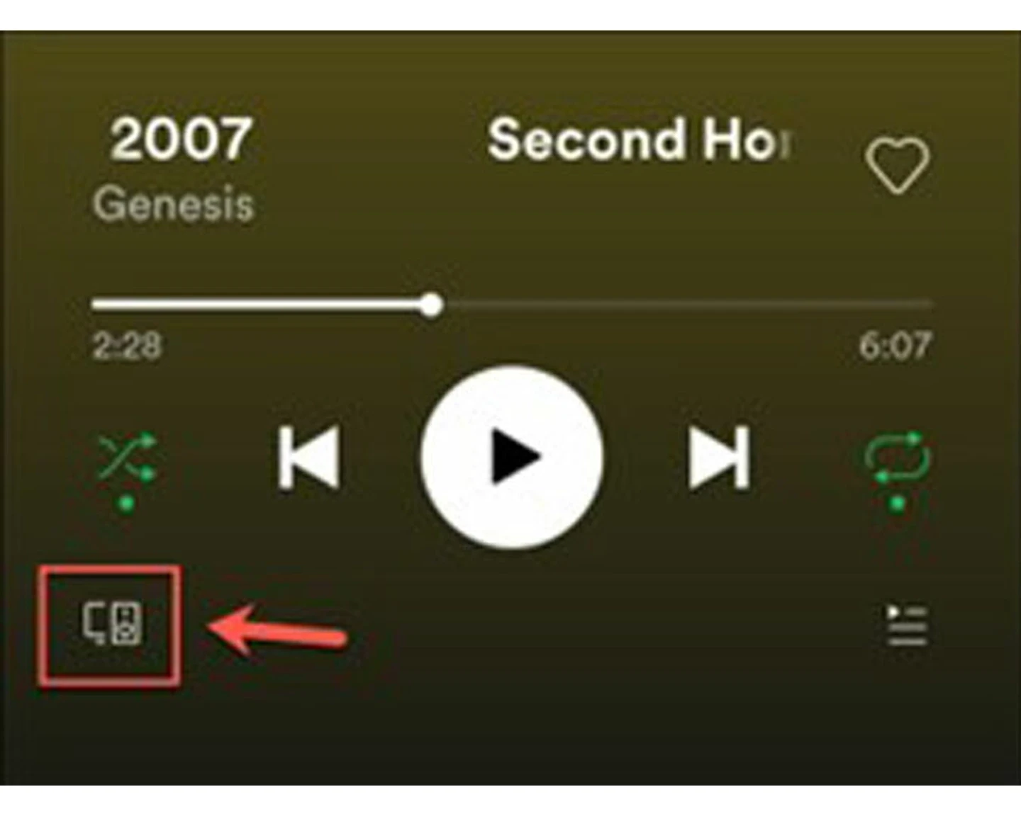 Spotify music player screen showing the song “2007” by Genesis. The playback controls are visible, including shuffle, skip, play/pause, and repeat. A red arrow highlights the “Connect to a device” icon in the bottom left corner.